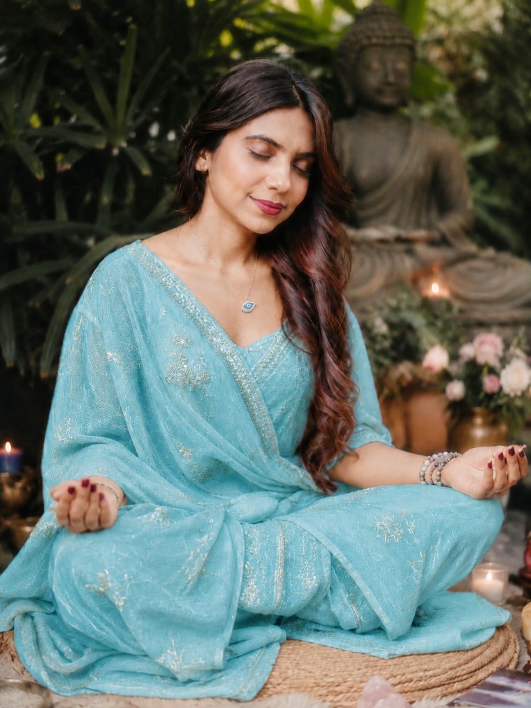 Vedika Chougle meditating outdoors beside a Buddha statue